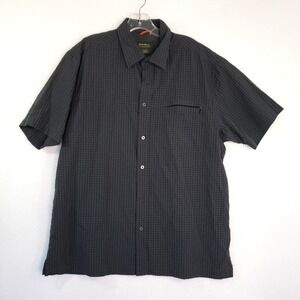 Eddie Bauer Button Up Shirt Mens L Navy Plaid Short‎ Sleeve Outdoor Zip Pocket